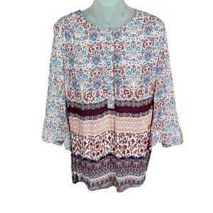 Nine West Tunic Blouse Round Neck Brown Orange Blue Hidden Button Front Medium